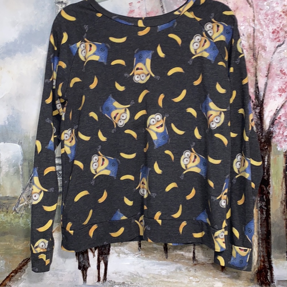 Despicable Me  Minion with Bananas Gray Scoop neck Sweatshirt Juniors XL EUC